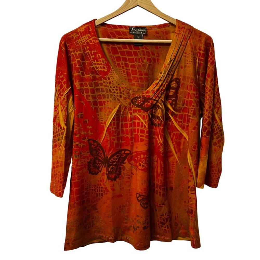 Jane Ashley Women’s LG Orange Butterfly V-Neck Pullover 3/4 Sleeve Shirt Top
